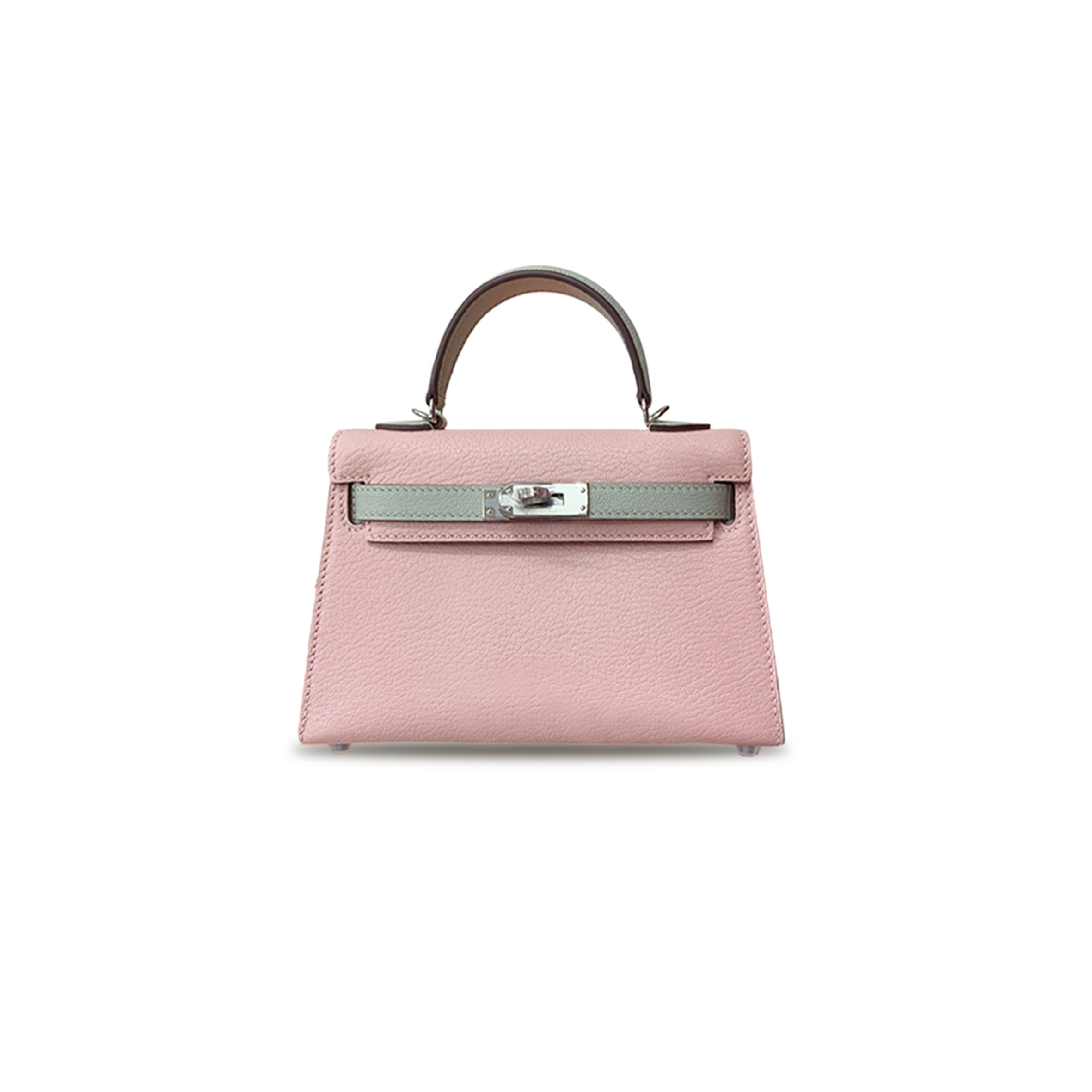 HERMÈS MINI KELLY II GOATSKIN, CHERRY BLOSSOM PINK AND PEARL GRAY, SILVER BUCKLE (19*12*5.5cm)